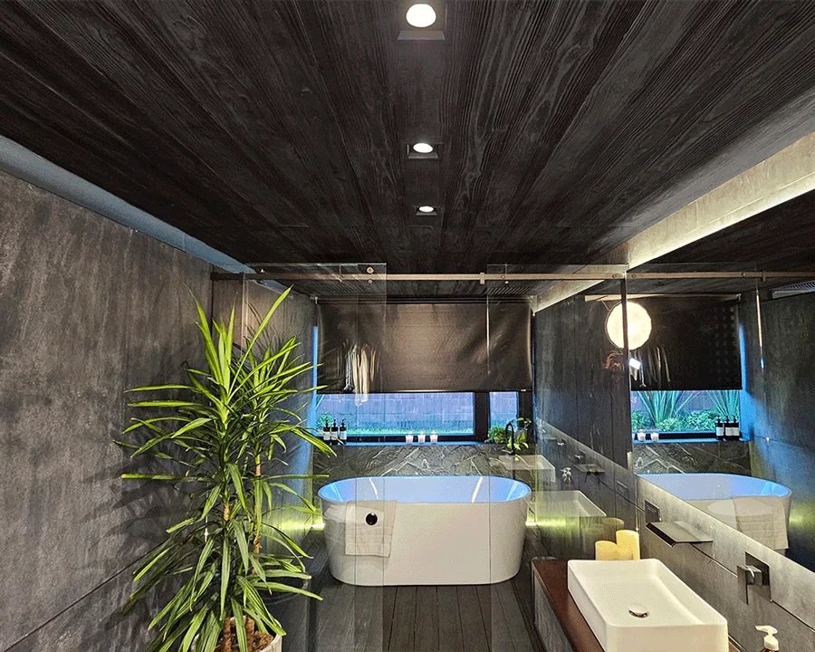 Ébano-baño-techo-concreto-gris